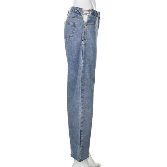 Stacked Asymmetrical Side Slit Chain Jean Pant - Picture 3 of 9